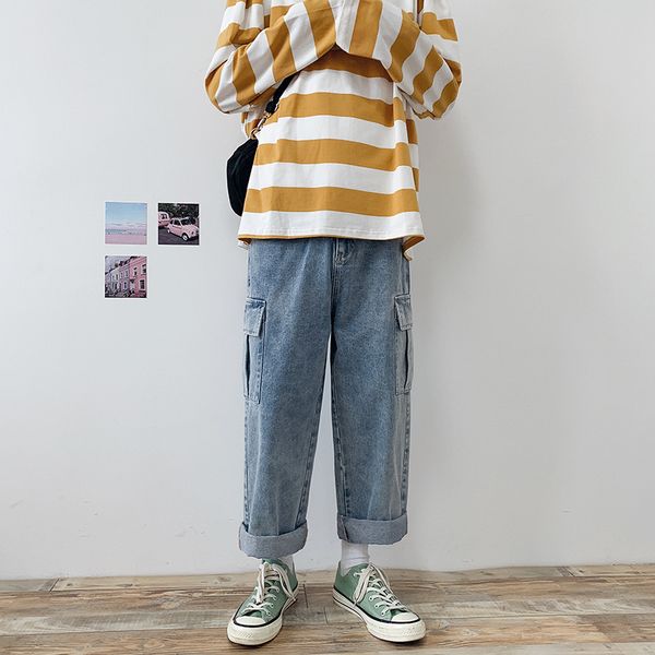 

2019 fashion japan harajuku style big straight loose men blue jeans tide male pocket side solid color trousers thin pants -2xl