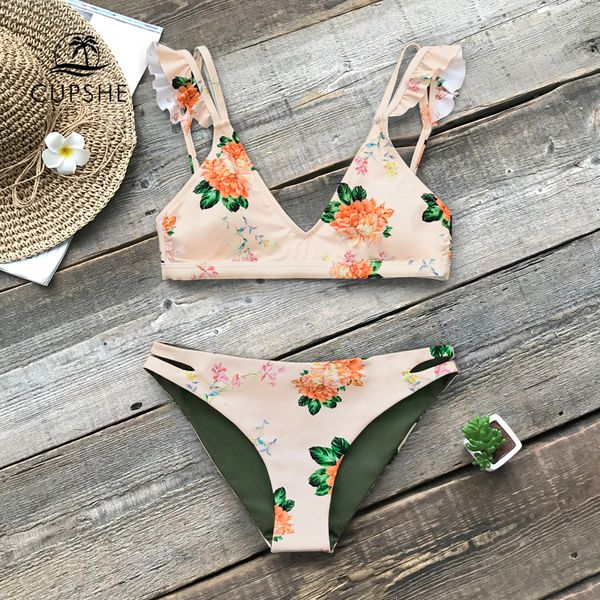 

designer swimwear floral print ruffle reversible bikini sets women thong two pieces swimsuits 2019 girl beach bathing suits, White;black