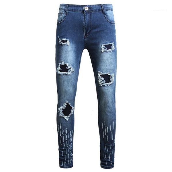 

high street blue mid waist mens designer jeans male fashion pencil pants hole skinny jeans