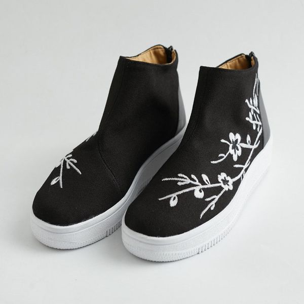 

qpfjqd chinese style flower embroidered shoes canvas men's high-ankle booties retro men winter zip up non-slip casual boots, Black