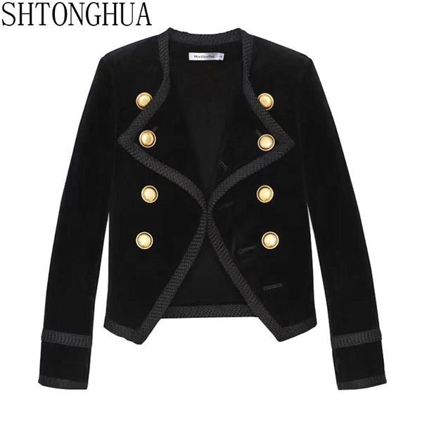 

shtonghua runway autumn winter women jacket coat 2019 designer black velvet double-breasted long sleeve slim short overcoat, Black;brown