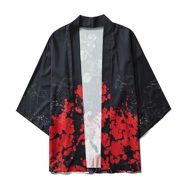

chinese style robe sunscreen seven-quarter sleeve couple models japanese style printed men's kimono loose thin section shirts, White;black