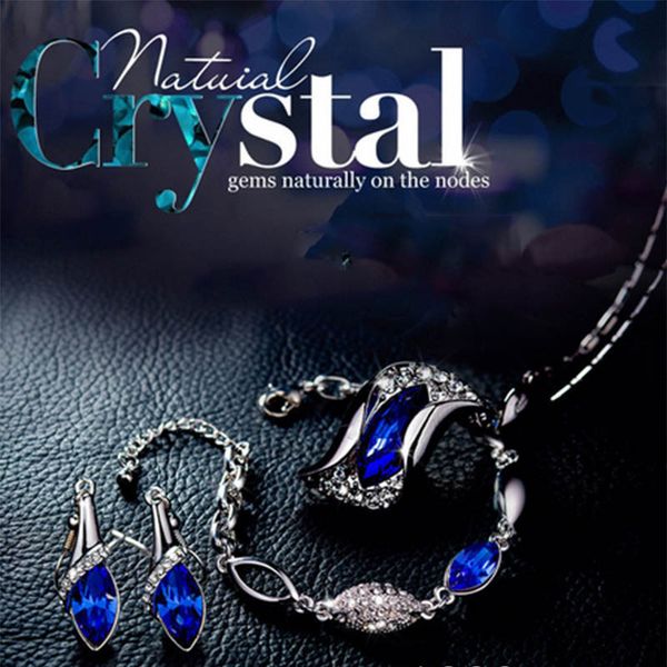 

crystal gemstones jewelry sets fashion waterdrop pendant necklace drop earrings bracelet set for women girls lady pink blue green purple, Black
