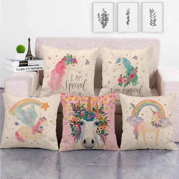 

45cm*45cm watercolor rainbow and unicorn design linen/cotton throw pillow covers couch cushion cover home decor pillow