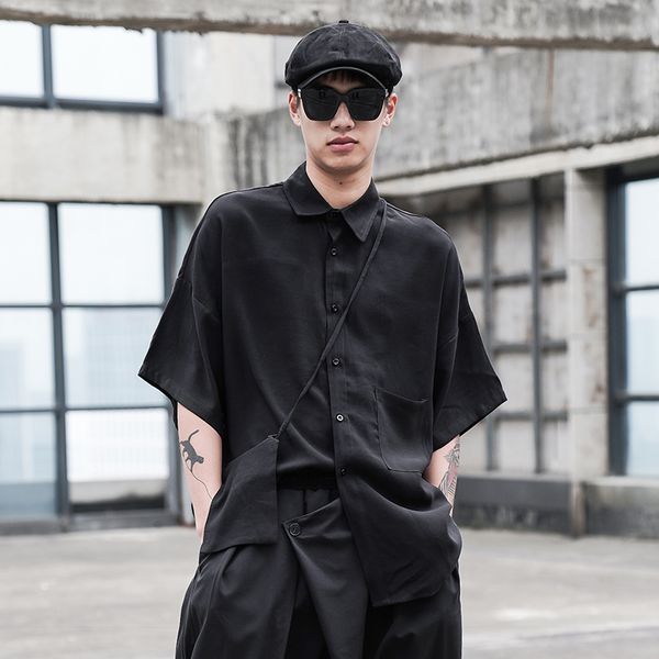

men contain bag short sleeve casual loose shirt male japan streetwear fashion hip hop black shirts, White;black