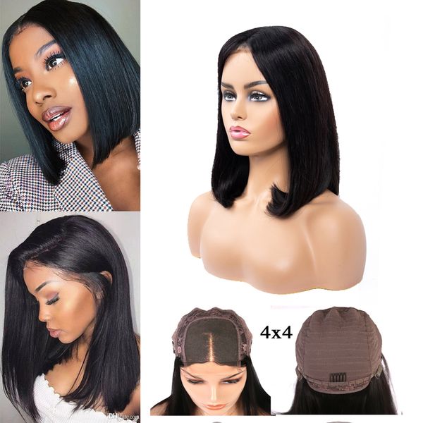 

human hair lace frontal wigs brazilian straight bob 4x4 bob short lace wigs 150% density natural color gagaqueen hair, Black;brown