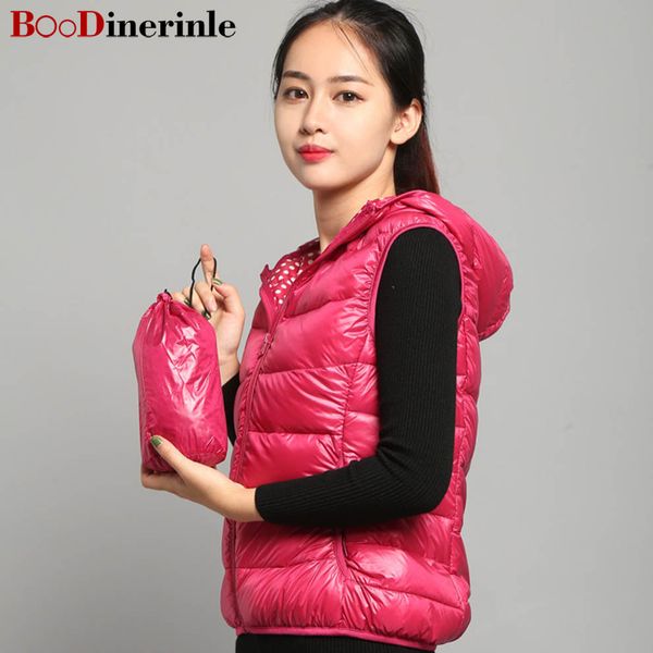 

boodinerinle 5xl women new 90% white duck down light feather vest with cap design casual winter warm parkas de pluma mujer yr025, Black