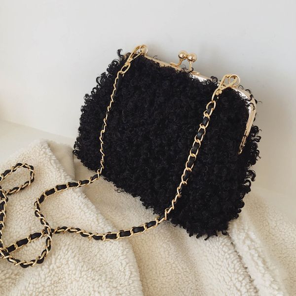 

french designer retro lamb hair gold mouth clutch bag & chain plush shoulder bag width 21cm high 15cm thickness 7cm