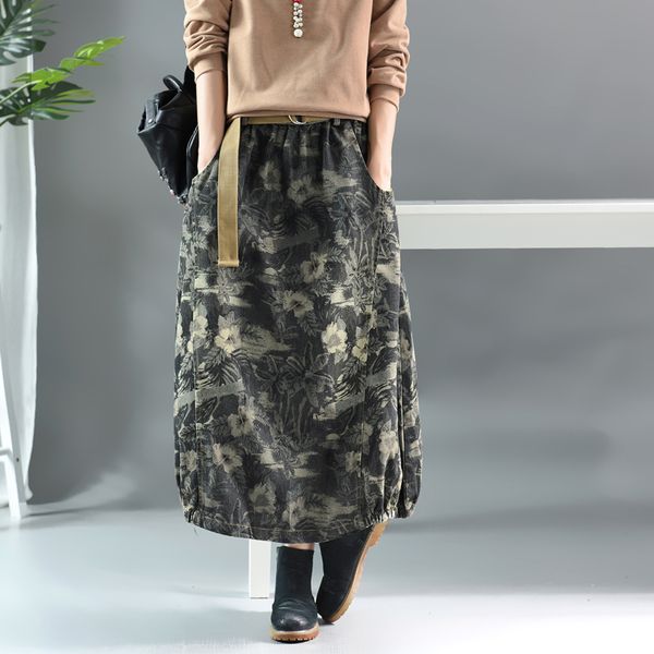 

johnature denim skirts for women print floral 2019 autumn new elastic wasit patchwork women cloths vintage bud skirts, Black;gray