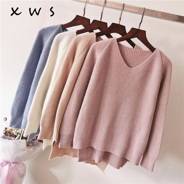 

autumn winter v neck knitted pullovers women oversize basic sweater elastic solid color jumpers female sweater, White;black