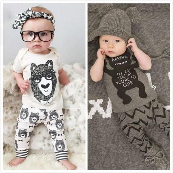 

new 2019 summer style cotton little monsters short sleeve infant clothes 2 pcs baby clothing sets baby boy clothes, White