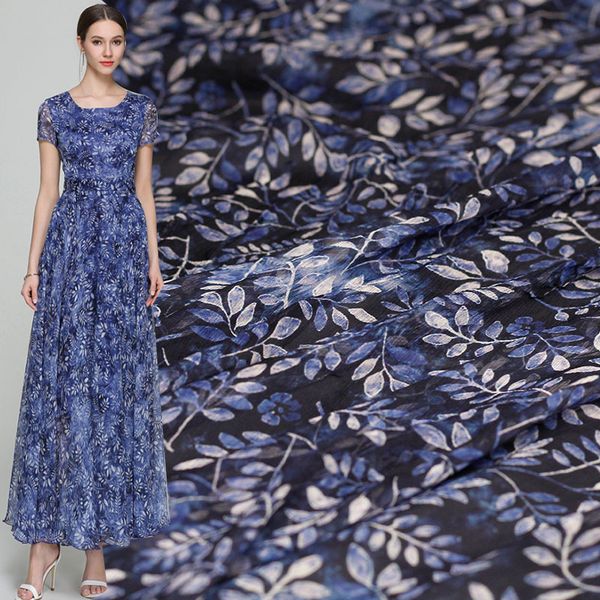 

pearlsilk синий лист печатных crinkle шифон 100% mulberry silk ткани материалы платья лета diy одежды ткани freeshipping, Black;white