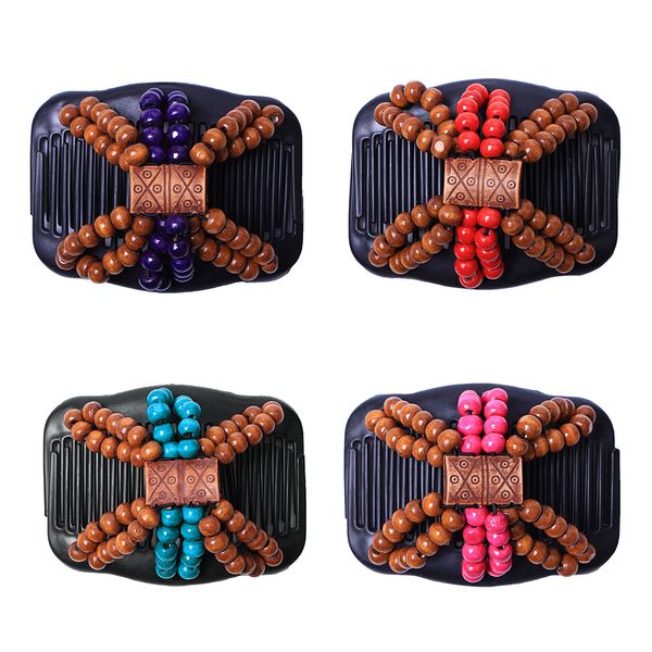 

fashion retro double beaded hair magic comb clip wood beads elasticity hairpin stretchy hair combs pins women accessories, Golden;silver