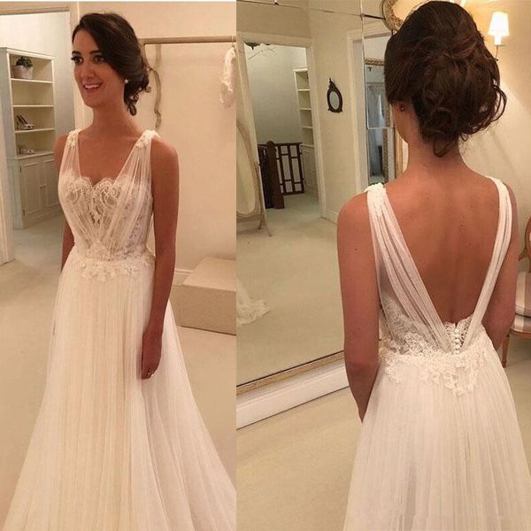 

beach a line wedding dresses tulle v-neck lace appliques beads sequins bohemian full length custom made wedding bridal gowns b72, White