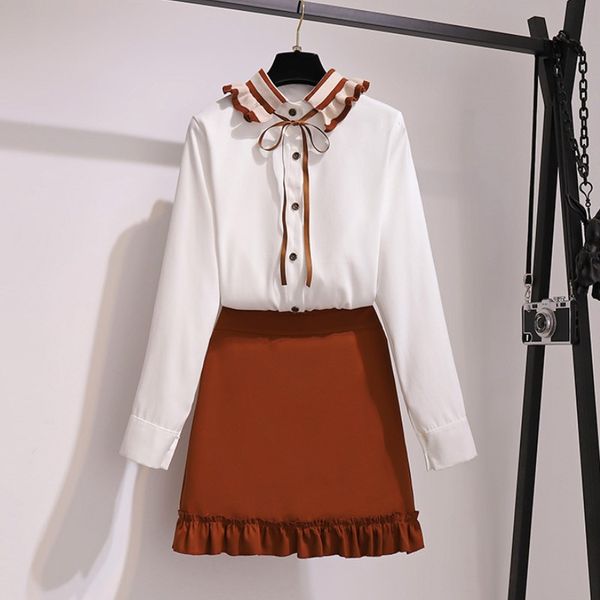 

two piece dress women korean style elegant 2 pieces suits turn-down collar hit color chiffon shirts+ruffles mini skirts work set, White