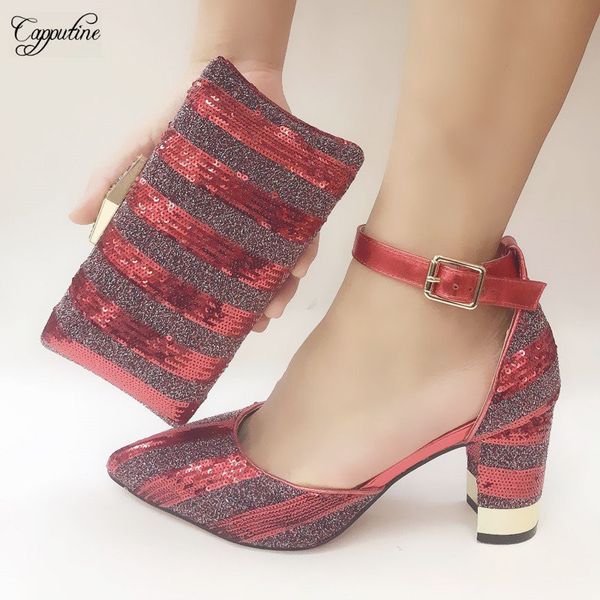 

beautiful red with sequins african high heel shoes and handbag set with stones for lady 073-5,heel height 8 cm, Black