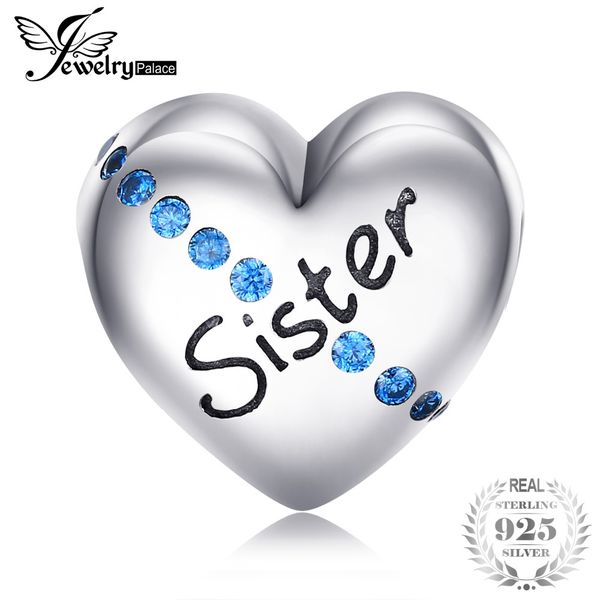 

jewelrypalace 925 sterling silver engraved sister blue cubic zirconia heart charm beads fit bracelets for your sister as gifts, Blue;slivery