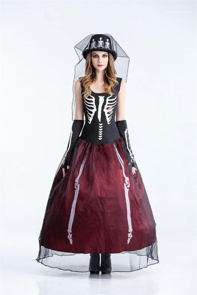 

womens cosplay sleeveless dress halloween day funny dress party dress the skeleton bride theme costume designer, Black;red