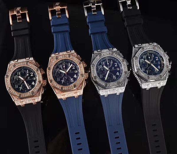 

colors mens fashion watch royal oak luxury designer diamond iced out watches stainless steel bling quartz ap movement party wristwatch a2, Black;brown