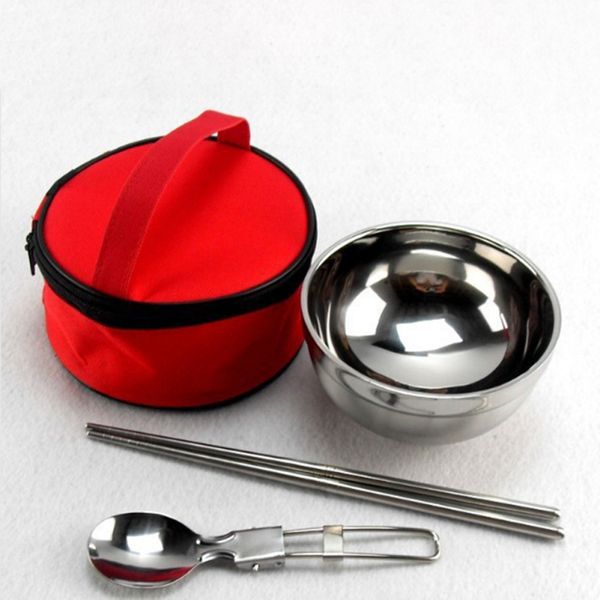 

camping picnic dinnerware bowls spoons chopsticks tableware set folable cutlery set with storage bag stainless steel