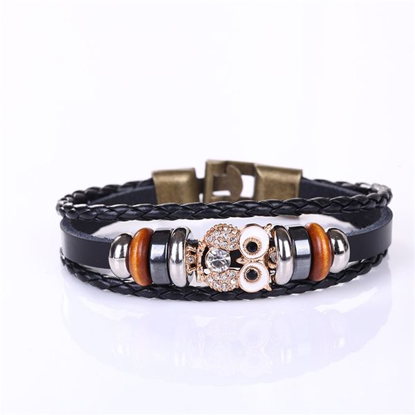 Eulen-Kristall-Charm-Armband, Schmuck, echtes Leder, mehrschichtiges Armband, Damenmode, Tierlegierung, Perlen, schwarz, Wickelschmuck für Mädchen, Geschenke