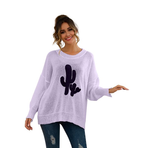 

soft gift autumn winter easy wear cactus pattern women sweater woolen yarn loose crew neck breathable knitted long sleeve warm, White;black