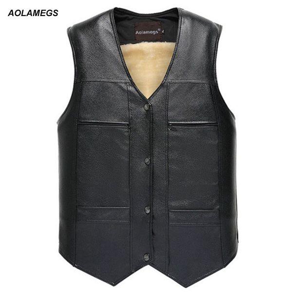 

aolamegs leather vest thick solid tank men motorcycle hip hop waistcoat male faux leather punk spring sleeveless jacket, Black;white