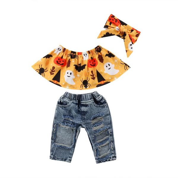 

halloween fashion pretty toddler baby girls clothes sets 3pcs off shoulder cartoon print vest +denim pants+headband 6m-4y, White
