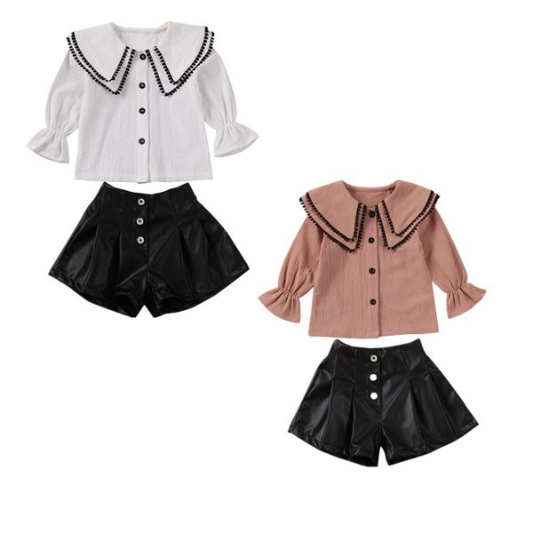 

adorable toddler kids baby girl 2020 new brand autumn clothes long sleeve tassel shirt+leather shorts 2pcs outfits, White