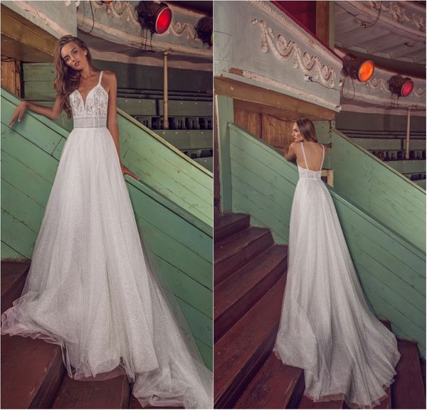 

2020 boho wedding dresses a line spaghetti straps glitter bohemian wedding dress custom made sweep train elegant vestidos de novia, White
