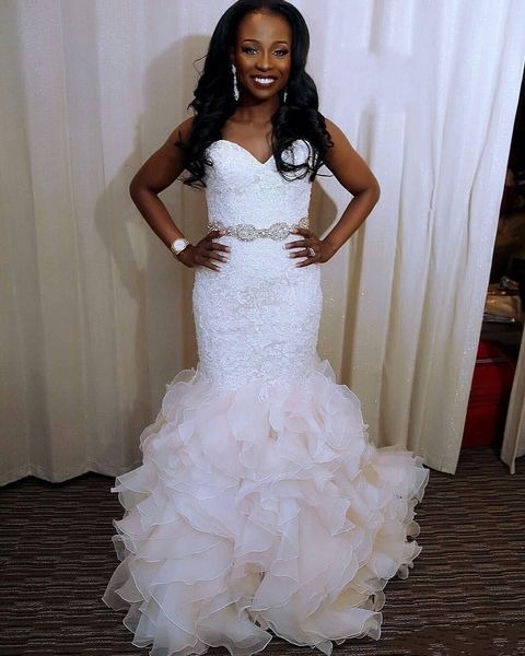

Mermaid Wedding Dresses With Sash Beads Pearls Sweetheart Plus Size Wedding Dress Ruffles Skirt Lace And Organza Bridal Gowns