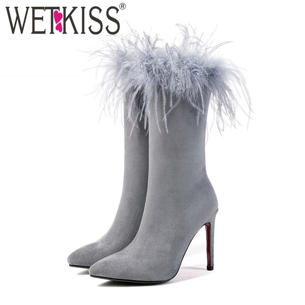 

wetkiss high heels women boots pointed toe short plush footwear feather mid calf rubber female boot fashion shoes women black