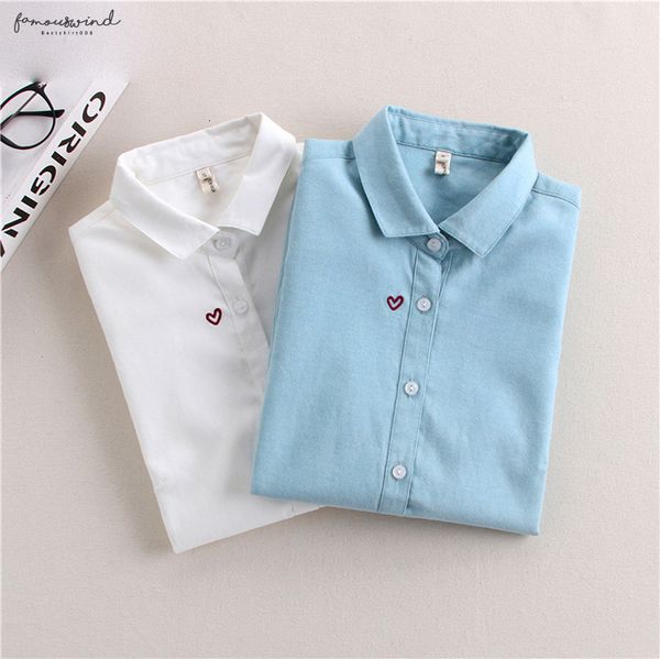 

вышивка женщины блузы 2019 весна женщины с длинным рукавом блузка хлопок оксфорд вскользь белые рубашки одежда женщины топы, White