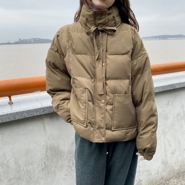

winter coat women jackets parka stand collar zipper lace-up solid loose warm outwear bubble coats puffer jacket femme parkas, Black