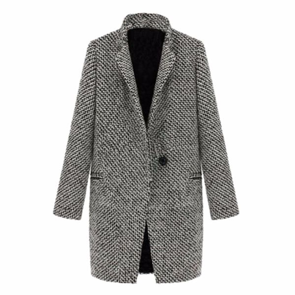 

women blend coat autumn and winter turn-down collar long wool parka jacket trench wool blends lapel outwear, Black