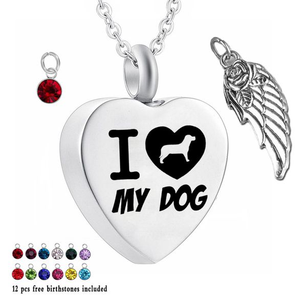 

i my dog 12 piece birthstone crystal urn necklace heart memorial keepsake pendant holder ash cremation jewelry for ashes, Silver