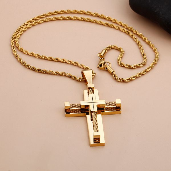 

gold stainless steel wire chain large biker cross crucifix pendant necklace chain men's punk xmas gifts 4mm 22 inch, Silver