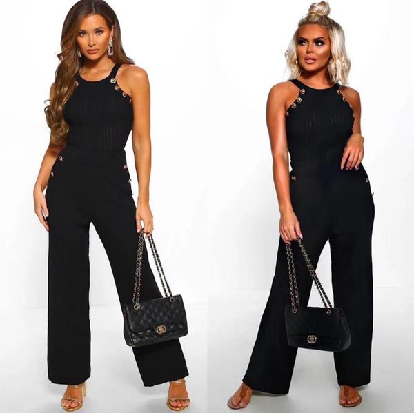 

new arrival button fashion rayon bandage jumpsuits off the shoulder full length straight celebrity fashion wear, Black;white