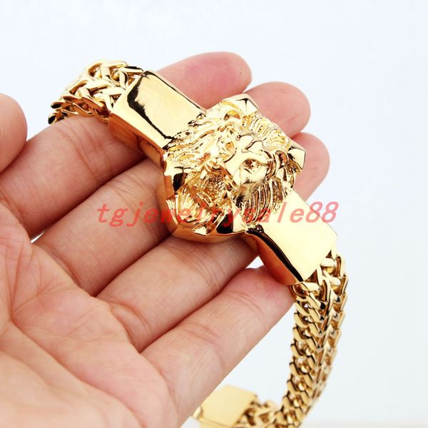 

gold figaro rolo chain with stainless steel lion head bracelet fashion men's cuff jewelry 15mm*8.66, Golden;silver