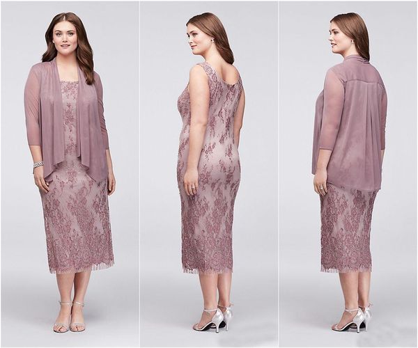 Plus Size Tee Länge Mutter des Bräutigams Kleides mit Jacke mit runden Halsausschnitt 3/4 Hülsen volle Spitze Prom Wear Kurzschluss-Partei-Kleider