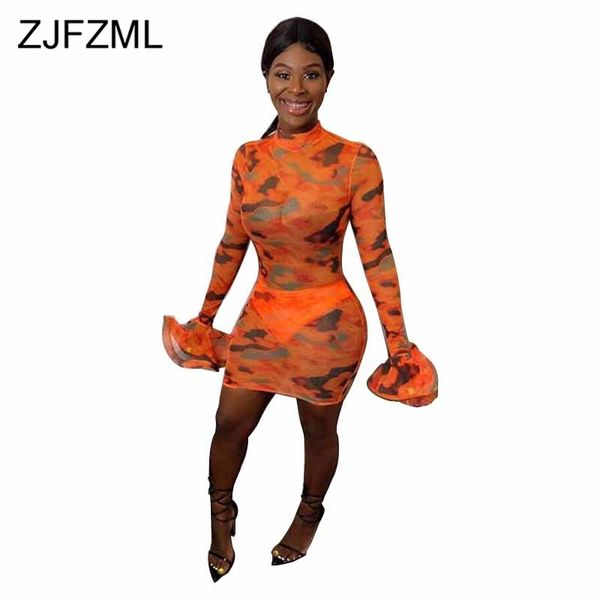 

club printed mesh dress women flare sleeve perspective bandage dress plus size party club turtlenecks bodycon mini dresses, Black;gray