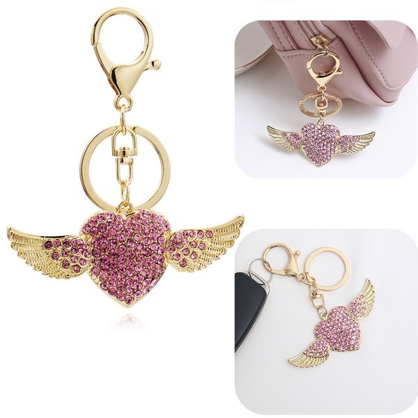 

new fashion heart shaped angel wings keychains for women cute travel keychain on the bag pink zircon gold trinket drop shipping, Silver