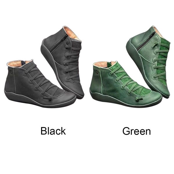 

lace up ankle daily platform women boots winter retro flat heel pu leather arch support autumn british wind non slip casual, Black
