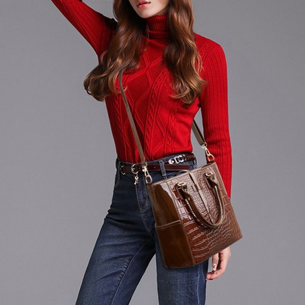 

women casual solid flap leather wild bag messenger bag vintage crocodile pattern handbags women handbags