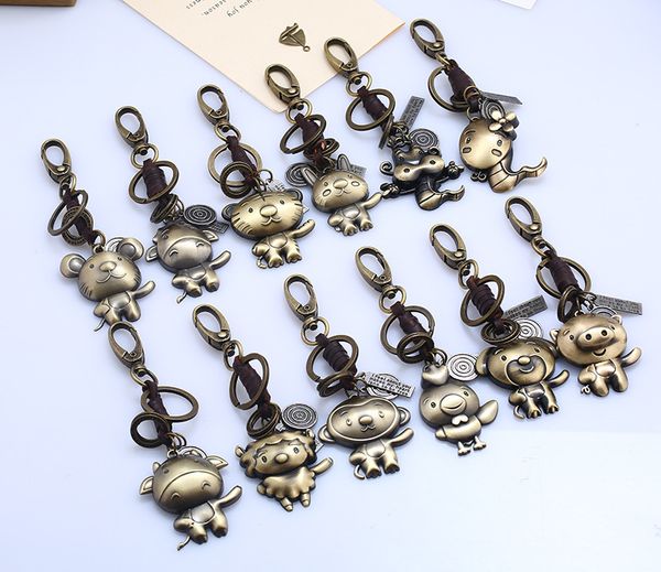 

12 zodiac retro cowhide keychain natal year jewelry creative gift leather woven zodiac mouse keychain, Silver