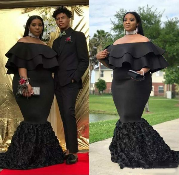 

plus size mermaid prom dresses black off the shoulder evening gowns ruched sweep train 3d rose floral african women formal party dress