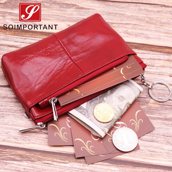 

boho women wallets small purse genuine oil wax leather wallet female mini walet id card coin purse double zipper coin key holder, Red;black