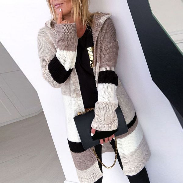 

winter coats women fashion casual patchwork long sleeve knit sweater cardigans hooded new coats and jackets women clothing #41, Black;brown