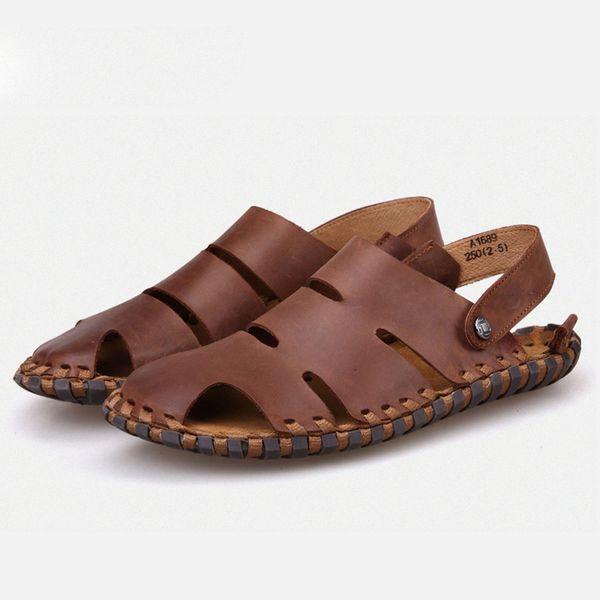 

summer genuine leather men sandals rubber sole sandy beach male shoes casual fashion men's slippers, Black