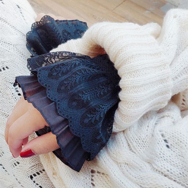 

sparsil women girls fake flare sleeves floral lace pleated ruched false cuffs sweater wrist warmers with faux pearl button, Blue;gray